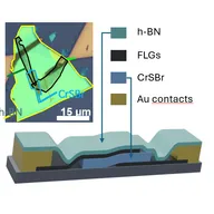 An optical micrograph of the junction with the h-BN, few-layer graphene and CrSBr flakes outlined in yellow, black and blue against a 15 micrometre scale bar, above a three-dimensional cutaway schematic of the same stack showing teal h-BN over black graphene electrodes, a blue CrSBr layer and gold contacts on a dark substrate, with a colour key naming each material.