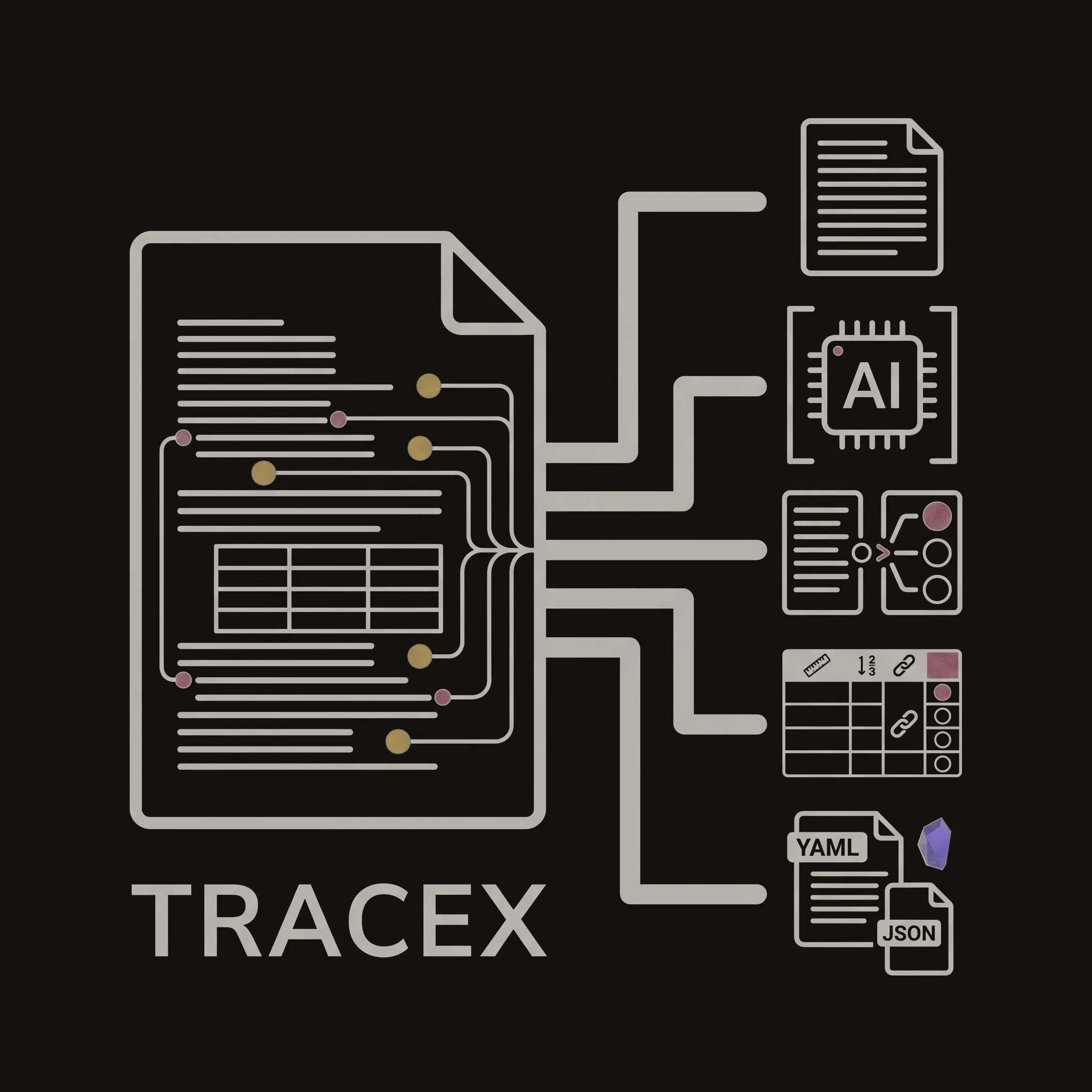A light line drawing on a dark ground of a document page of text and a data table, with maroon and gold dots marking individual lines. Traced wires run from those marked lines out to the right, where they fan into icons for a source paper, an AI chip, a verification step and a structured note, under the wordmark TRACEX.